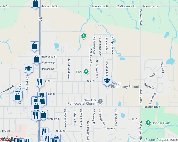 map of restaurants, bars, coffee shops, grocery stores, and more near 323 Northeast Elmhurst Avenue in Bartlesville
