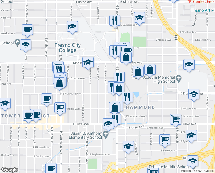 map of restaurants, bars, coffee shops, grocery stores, and more near 1618 East Pine Avenue in Fresno