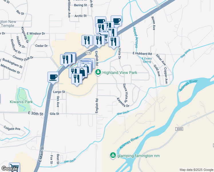 map of restaurants, bars, coffee shops, grocery stores, and more near 5001 Largo Street in Farmington