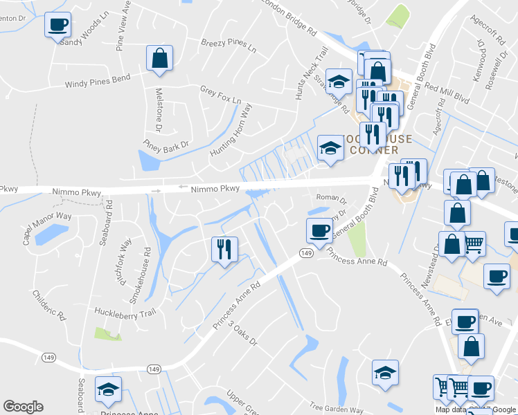 map of restaurants, bars, coffee shops, grocery stores, and more near 2100 Jonquil Court in Virginia Beach