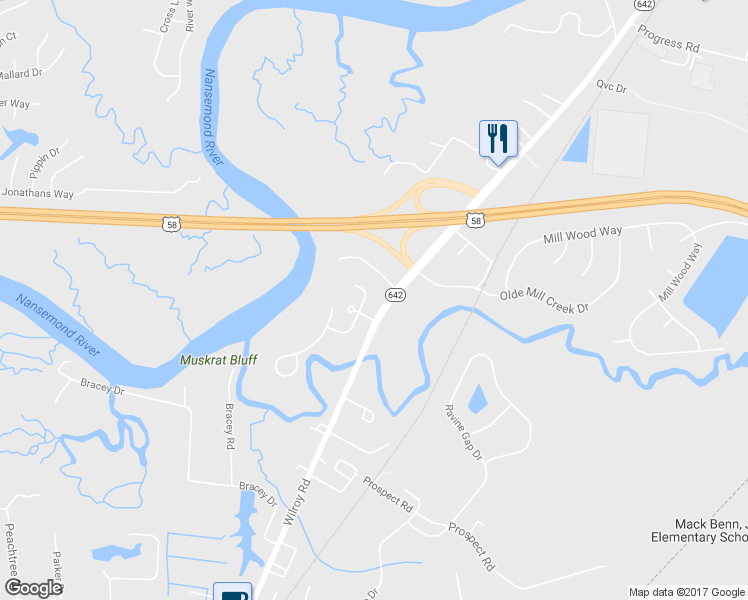 map of restaurants, bars, coffee shops, grocery stores, and more near 1645 Wilroy Road in Suffolk