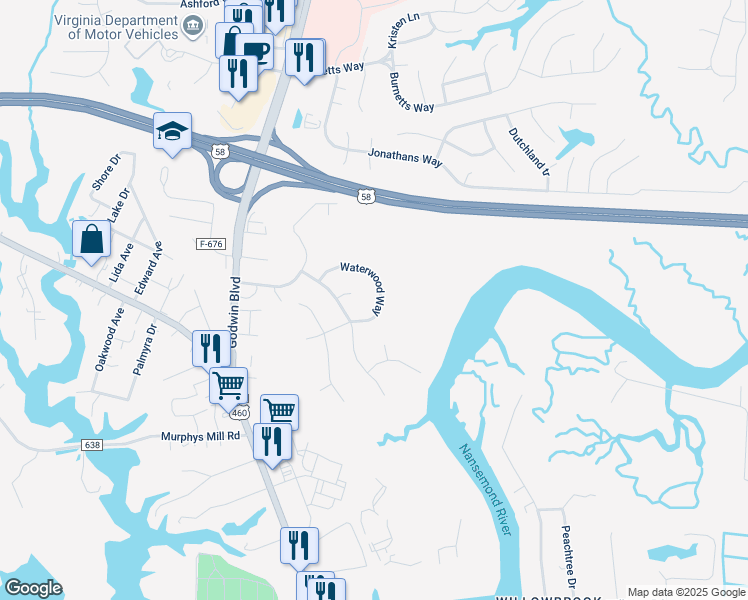 map of restaurants, bars, coffee shops, grocery stores, and more near 218 Waterwood Way in Suffolk