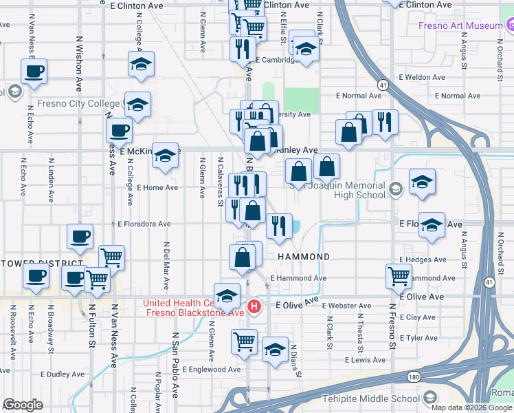 map of restaurants, bars, coffee shops, grocery stores, and more near 1448 North Blackstone Avenue in Fresno