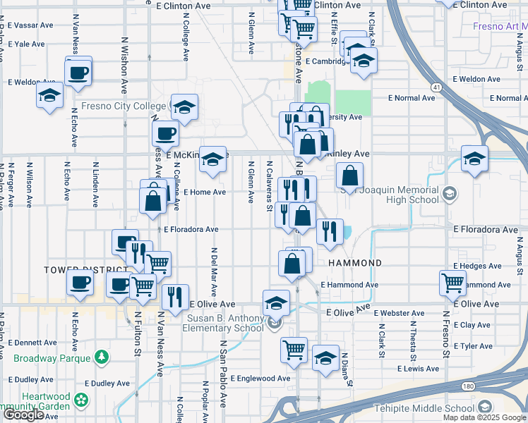 map of restaurants, bars, coffee shops, grocery stores, and more near 1438 North Glenn Avenue in Fresno