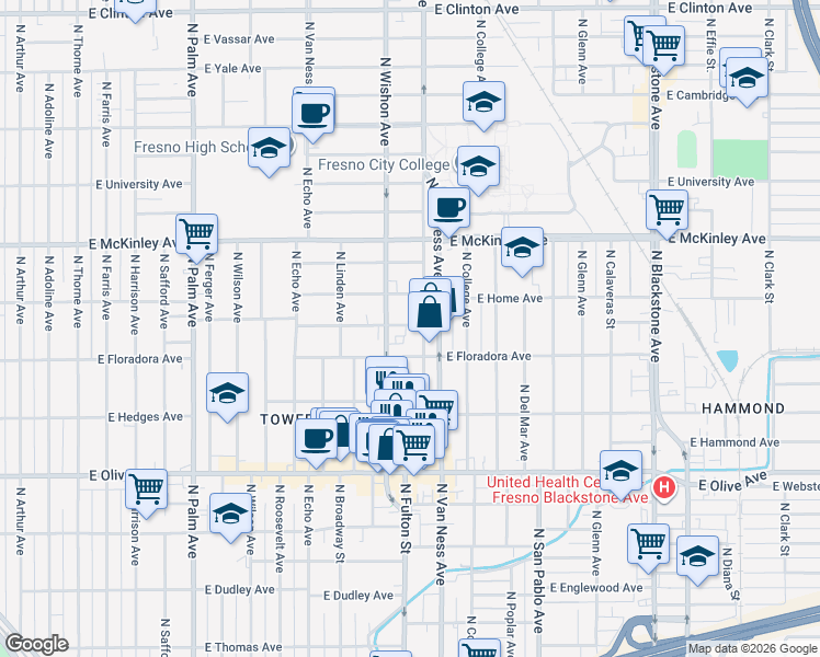 map of restaurants, bars, coffee shops, grocery stores, and more near 1444 North Wishon Avenue in Fresno