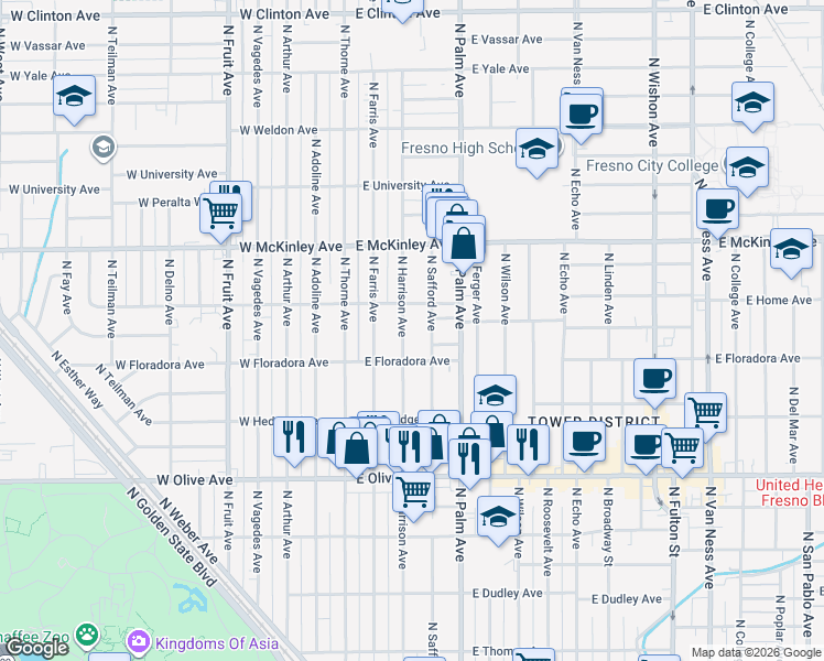 map of restaurants, bars, coffee shops, grocery stores, and more near 1441 North Harrison Avenue in Fresno