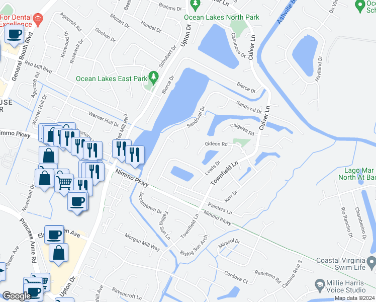 map of restaurants, bars, coffee shops, grocery stores, and more near 2132 Oaklawn Court in Virginia Beach