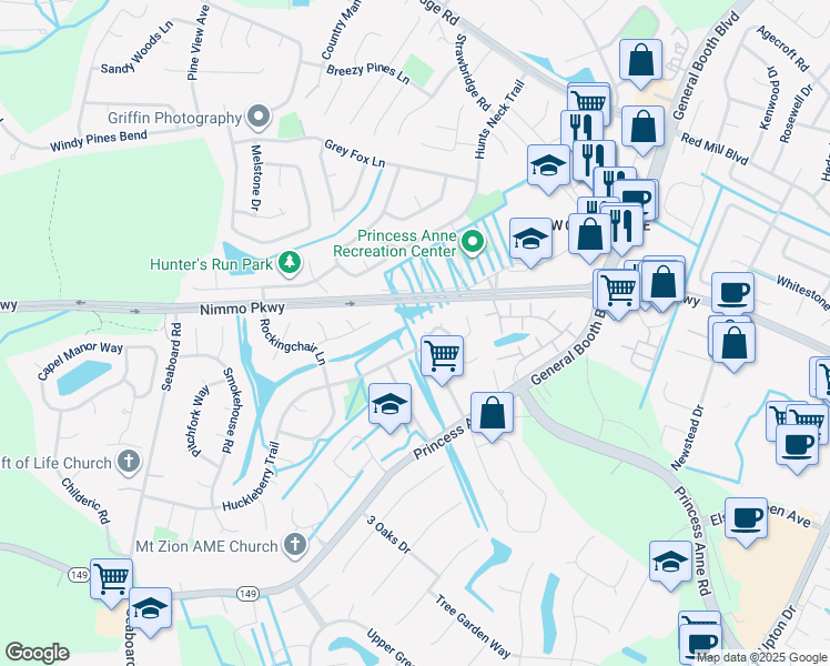 map of restaurants, bars, coffee shops, grocery stores, and more near 2100 Jonquil Court in Virginia Beach