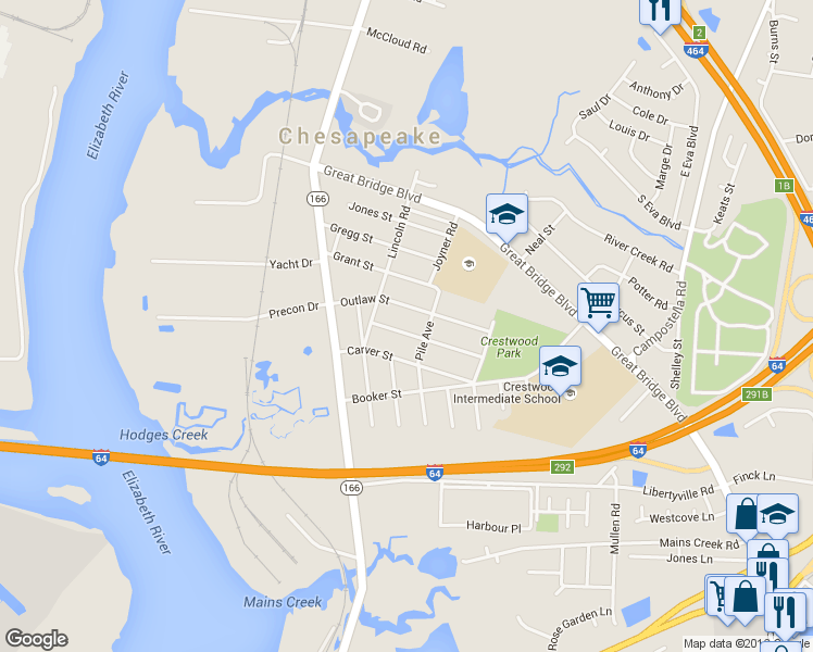 map of restaurants, bars, coffee shops, grocery stores, and more near 214 Dunn Street in Chesapeake