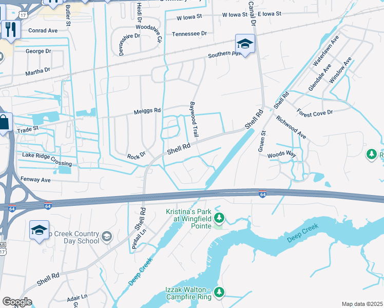 map of restaurants, bars, coffee shops, grocery stores, and more near 940 Levee Lane in Chesapeake