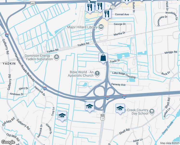 map of restaurants, bars, coffee shops, grocery stores, and more near 2837 Flag Road in Chesapeake