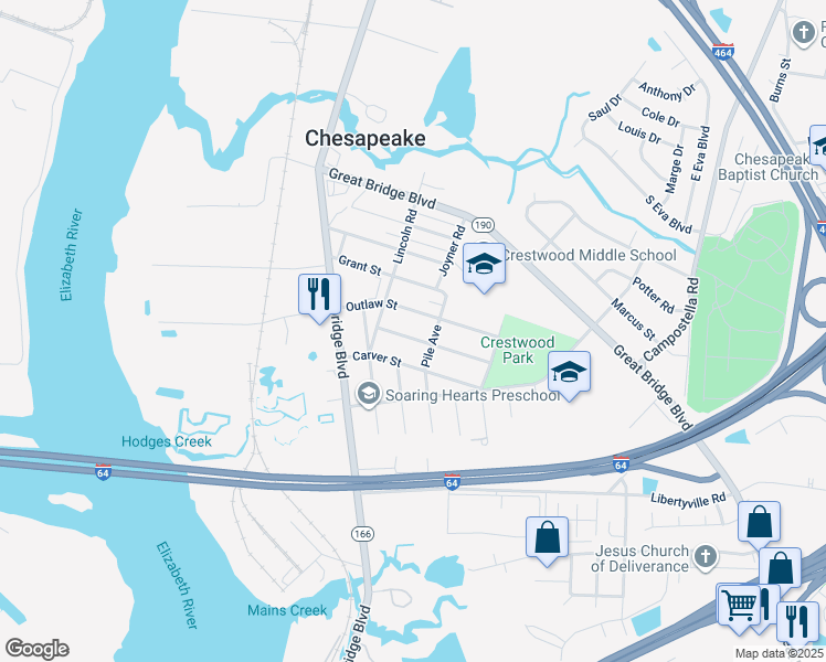 map of restaurants, bars, coffee shops, grocery stores, and more near 214 Dunn Street in Chesapeake