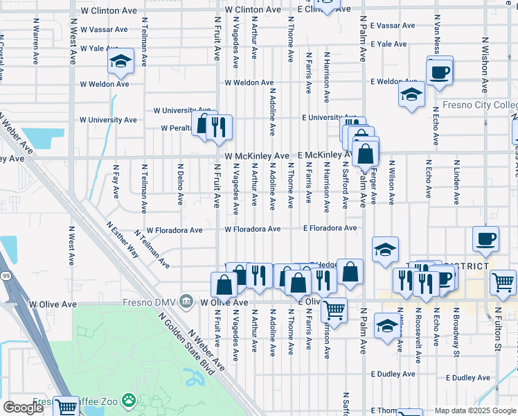 map of restaurants, bars, coffee shops, grocery stores, and more near 1456 North Arthur Avenue in Fresno