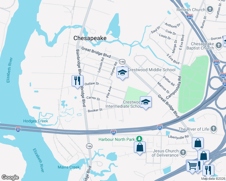map of restaurants, bars, coffee shops, grocery stores, and more near 309 Outlaw Street in Chesapeake