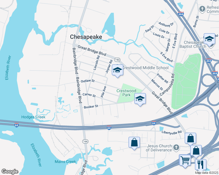 map of restaurants, bars, coffee shops, grocery stores, and more near 307 Outlaw Street in Chesapeake