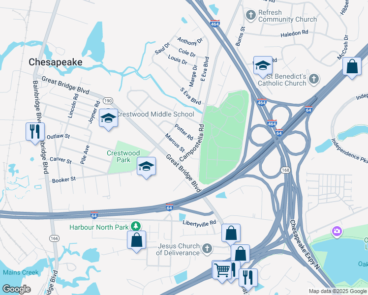 map of restaurants, bars, coffee shops, grocery stores, and more near 726 Marcus Street in Chesapeake