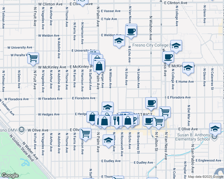 map of restaurants, bars, coffee shops, grocery stores, and more near 1450 North Wilson Avenue in Fresno