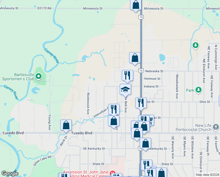 map of restaurants, bars, coffee shops, grocery stores, and more near 3321 Indiana Street in Bartlesville