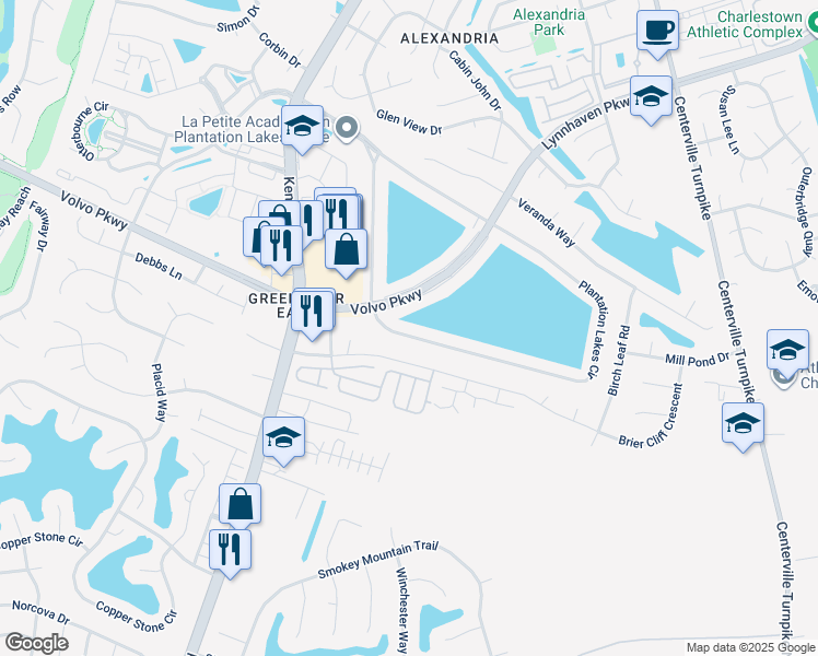 map of restaurants, bars, coffee shops, grocery stores, and more near 1441 Plantation Lakes Circle in Chesapeake