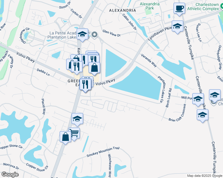 map of restaurants, bars, coffee shops, grocery stores, and more near 1441 Plantation Lakes Circle in Chesapeake