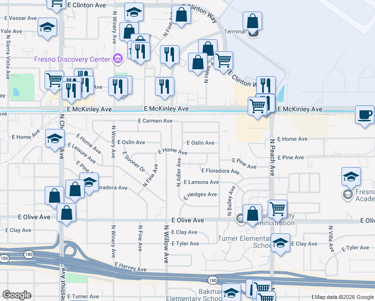 map of restaurants, bars, coffee shops, grocery stores, and more near 5039 East Home Avenue in Fresno