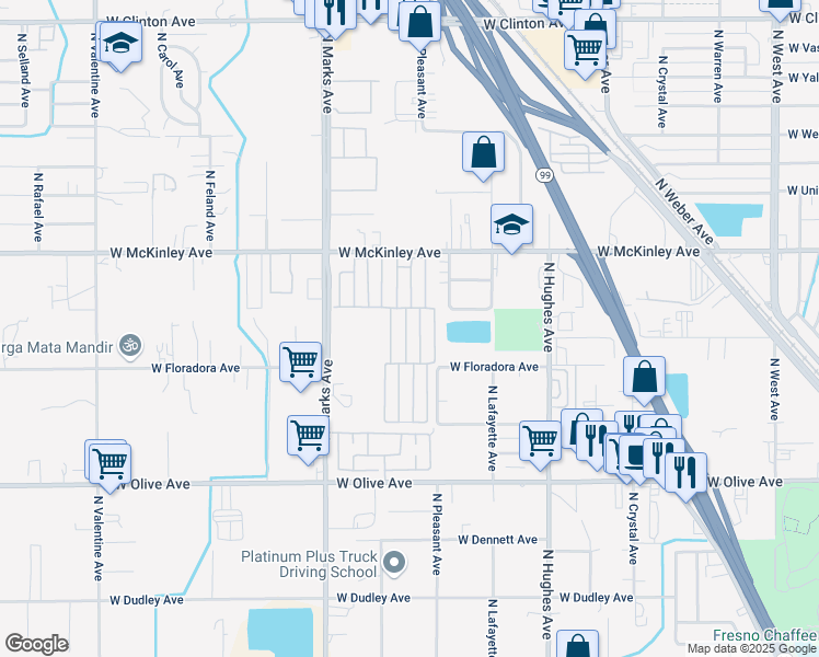 map of restaurants, bars, coffee shops, grocery stores, and more near 2533 West McKinley Avenue in Fresno