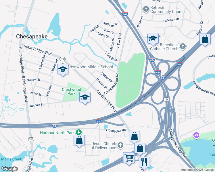 map of restaurants, bars, coffee shops, grocery stores, and more near 726 Marcus Street in Chesapeake