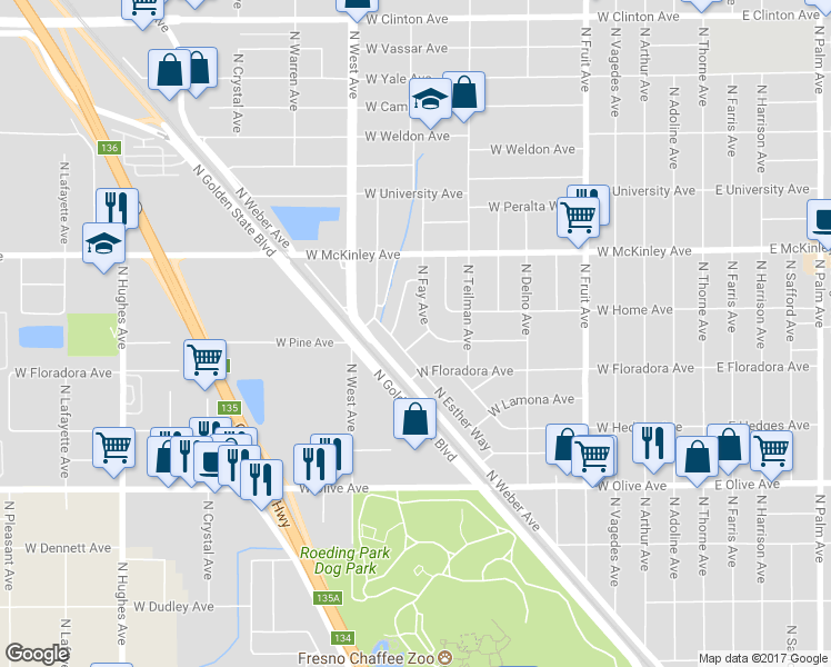 map of restaurants, bars, coffee shops, grocery stores, and more near 1030 North Marilyn Way in Fresno