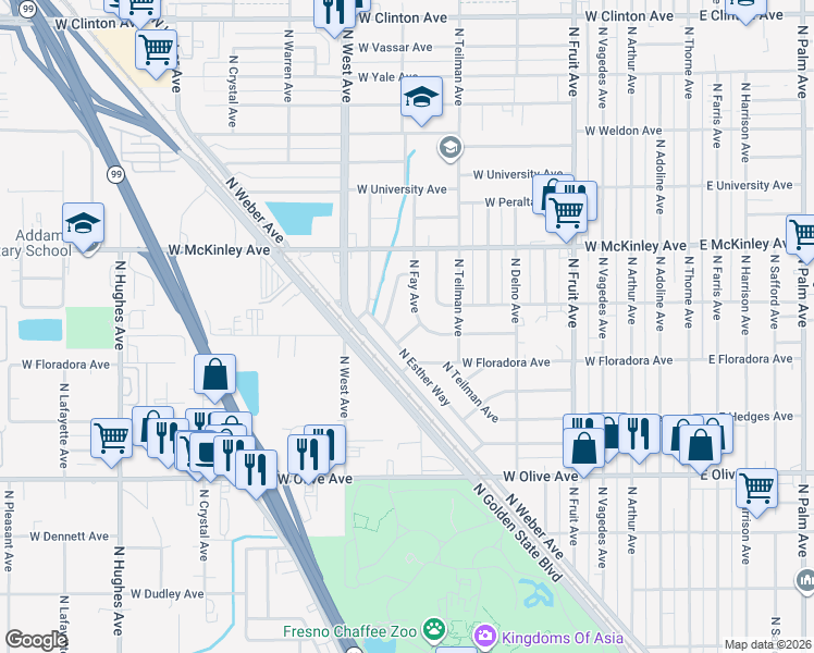 map of restaurants, bars, coffee shops, grocery stores, and more near 1030 North Marilyn Way in Fresno