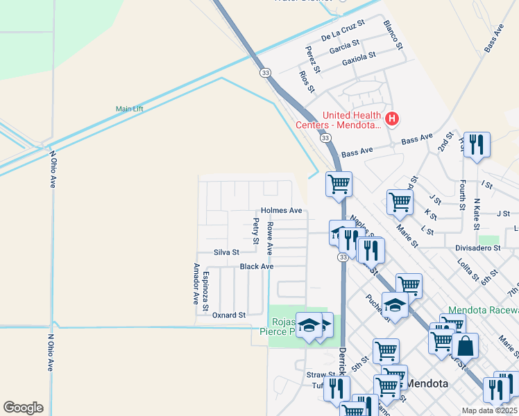 map of restaurants, bars, coffee shops, grocery stores, and more near 100 Rowe Avenue in Mendota