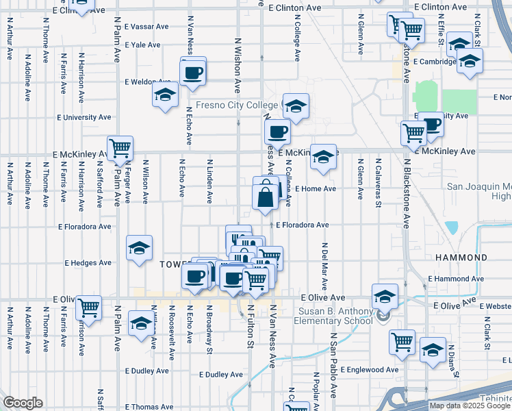 map of restaurants, bars, coffee shops, grocery stores, and more near 862 East Pine Avenue in Fresno