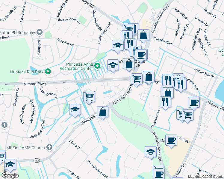 map of restaurants, bars, coffee shops, grocery stores, and more near Siena Court in Virginia Beach