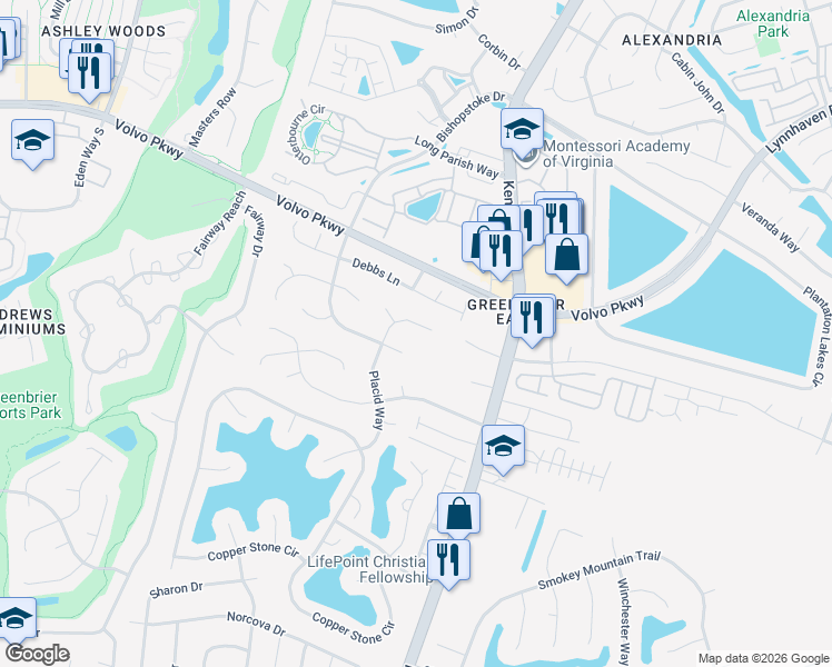 map of restaurants, bars, coffee shops, grocery stores, and more near 1325 Placid Way in Chesapeake