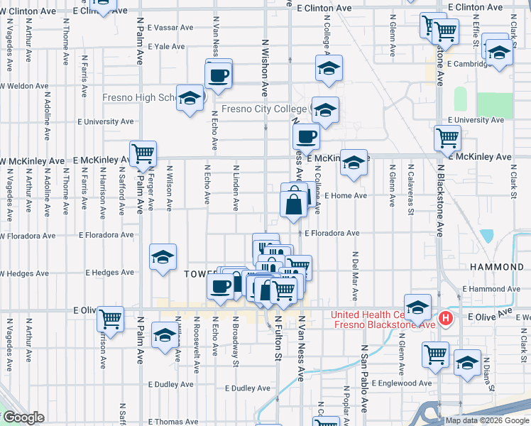 map of restaurants, bars, coffee shops, grocery stores, and more near N Wishon Ave & E Pine Ave in Fresno
