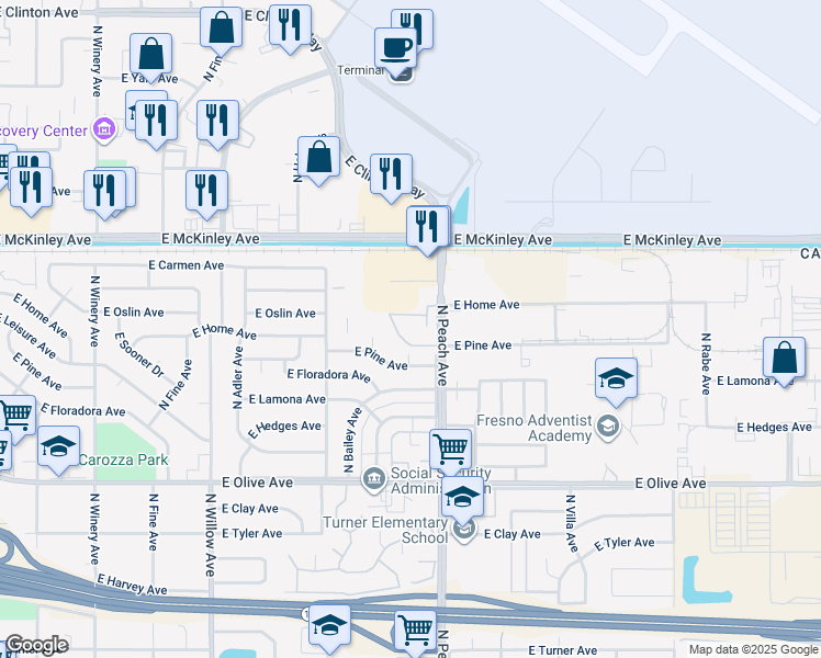 map of restaurants, bars, coffee shops, grocery stores, and more near 5167 East Pine Avenue in Fresno