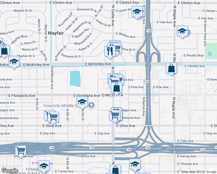 map of restaurants, bars, coffee shops, grocery stores, and more near 4143 East Floradora Avenue in Fresno