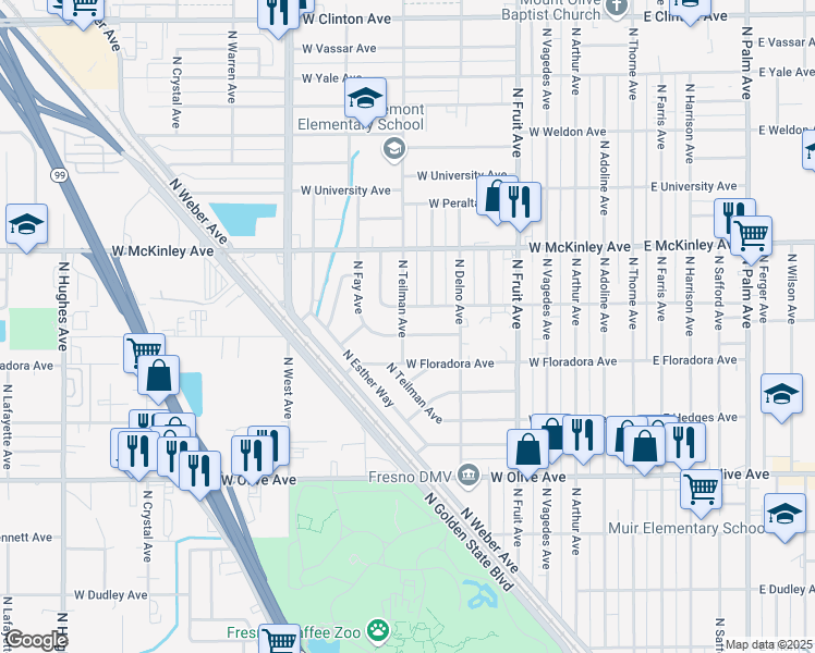 map of restaurants, bars, coffee shops, grocery stores, and more near 825 West Pine Avenue in Fresno