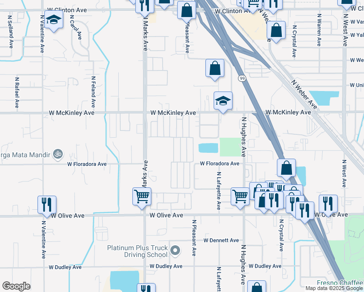 map of restaurants, bars, coffee shops, grocery stores, and more near 2533 West McKinley Avenue in Fresno