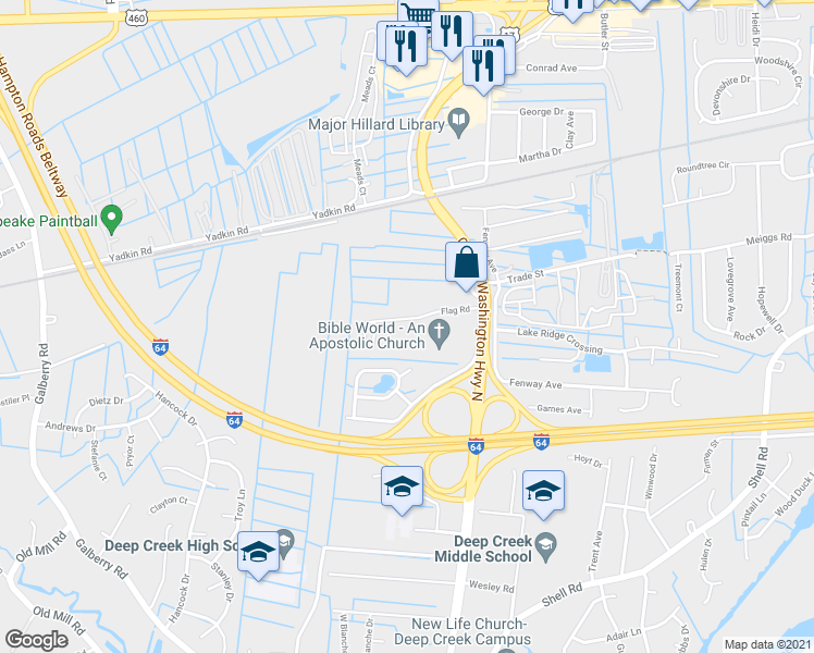 map of restaurants, bars, coffee shops, grocery stores, and more near 2837 Flag Road in Chesapeake