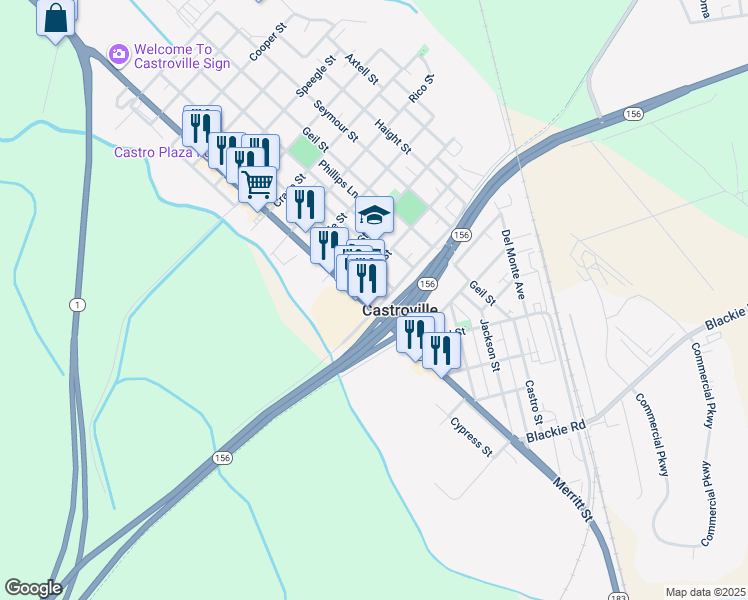 map of restaurants, bars, coffee shops, grocery stores, and more near 11261 Merritt Street in Castroville