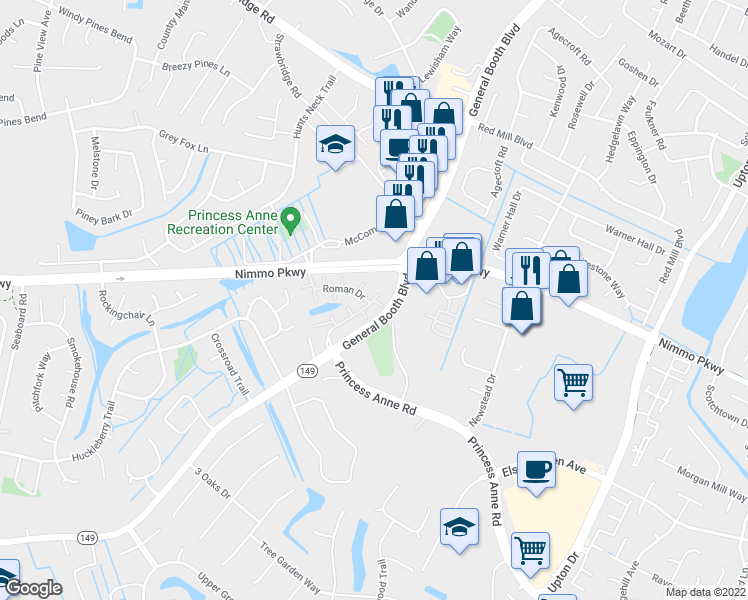 map of restaurants, bars, coffee shops, grocery stores, and more near Venice Court in Virginia Beach