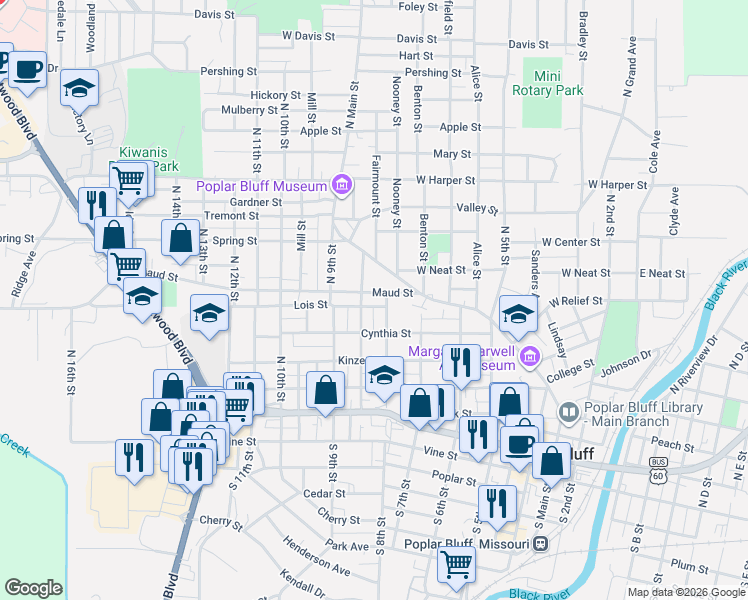 map of restaurants, bars, coffee shops, grocery stores, and more near 629 North 8th Street in Poplar Bluff