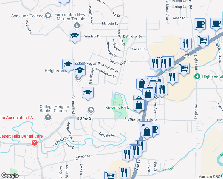 map of restaurants, bars, coffee shops, grocery stores, and more near 3450 East 30th Street in Farmington