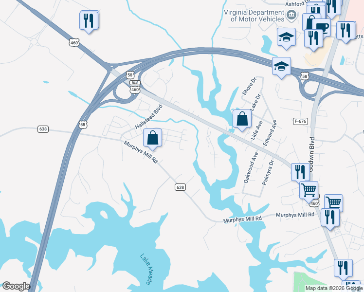 map of restaurants, bars, coffee shops, grocery stores, and more near 2008 Meade Parkway in Suffolk