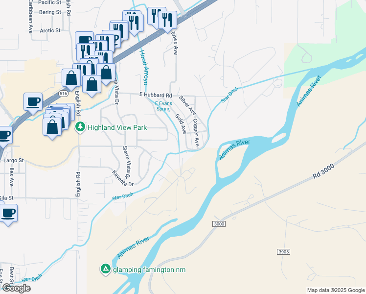 map of restaurants, bars, coffee shops, grocery stores, and more near 3701 Gold Avenue in Farmington