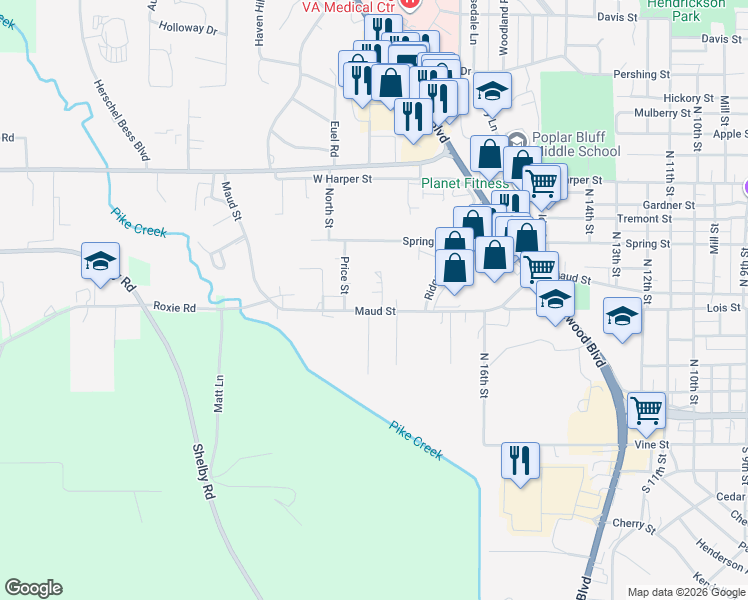map of restaurants, bars, coffee shops, grocery stores, and more near 1816 Maud Street in Poplar Bluff