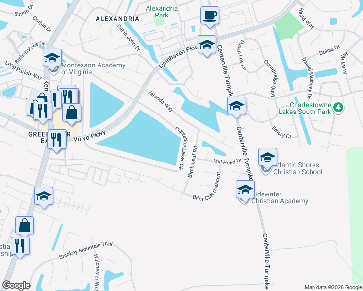map of restaurants, bars, coffee shops, grocery stores, and more near 1309 Plantation Lakes Circle in Chesapeake