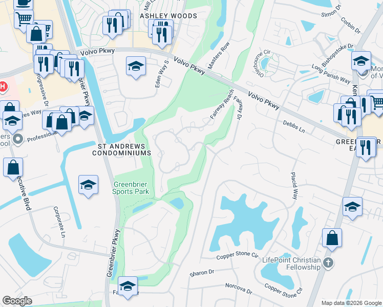 map of restaurants, bars, coffee shops, grocery stores, and more near 1051 Shoal Creek Trail in Chesapeake