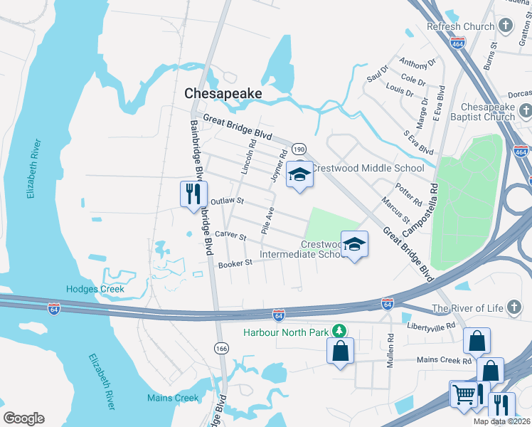 map of restaurants, bars, coffee shops, grocery stores, and more near 216 Dunn Street in Chesapeake