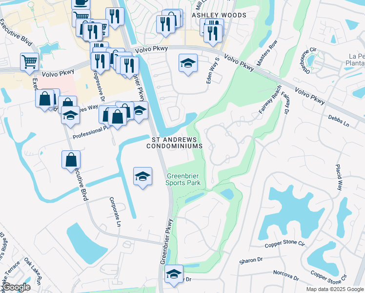 map of restaurants, bars, coffee shops, grocery stores, and more near 1020 Saint Andrews Way in Chesapeake